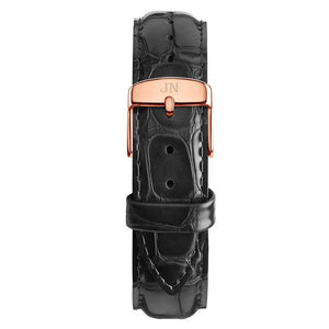 Kennedy - Designer Watch Timepiece in Rose Gold with Black Alligator Style Genuine Leather and Baton Style Face - Strap