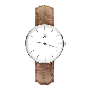 Victoria Park - Designer Watch Timepiece in Silver with Brown Alligator Style Genuine Leather and Baton Style Face