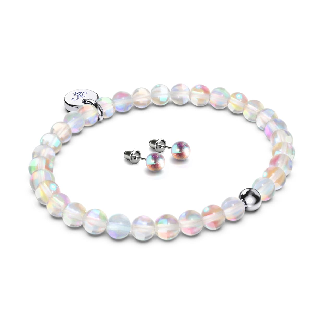 Rainbow Supernova | .925 Sterling Silver Galaxy Glass Gift Set | Bracelet and 6mm Stud Earrings