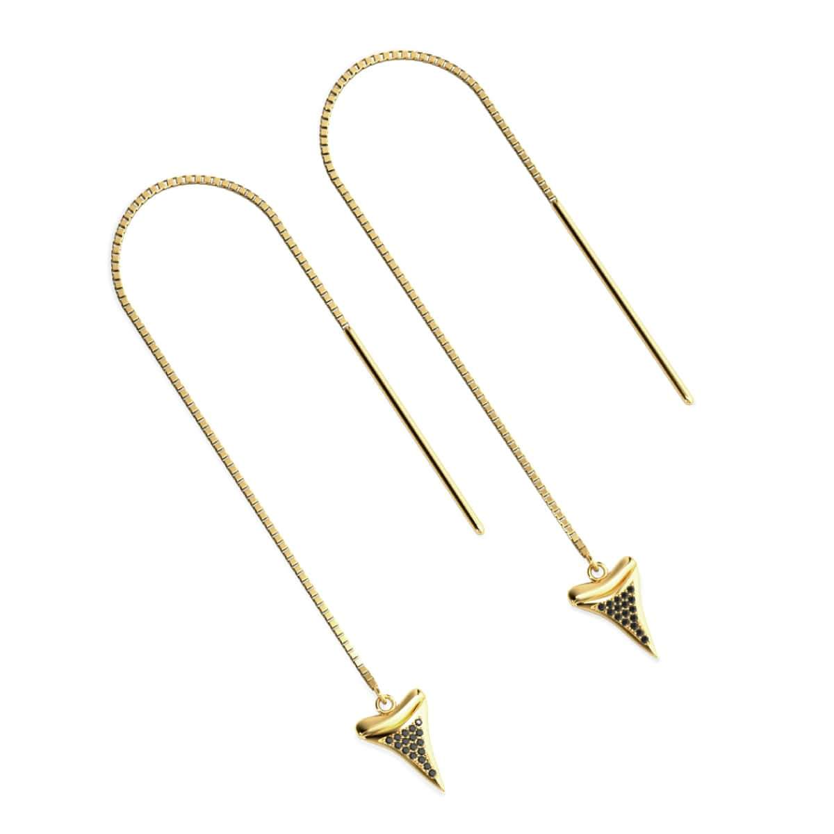 Shark Tooth Chain Drop Threader Earrings by Lauren Howe | .925 Sterling Gold Vermeil | Black Crystal