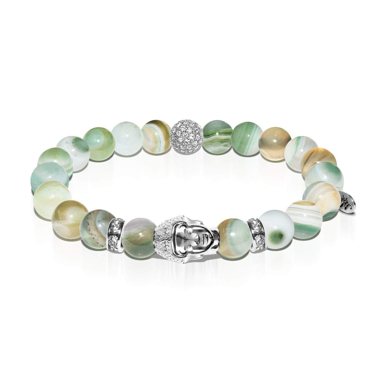 Ethereal | White Gold Buddha | Light Green Striped Agate Bracelet