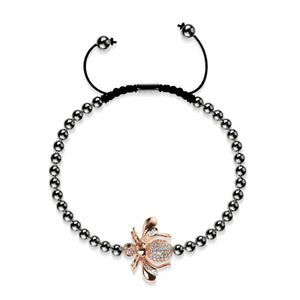 Queen | Gunmetal & 18k Rose Gold | Crystal Honeybee Macrame Charm Bracelet
