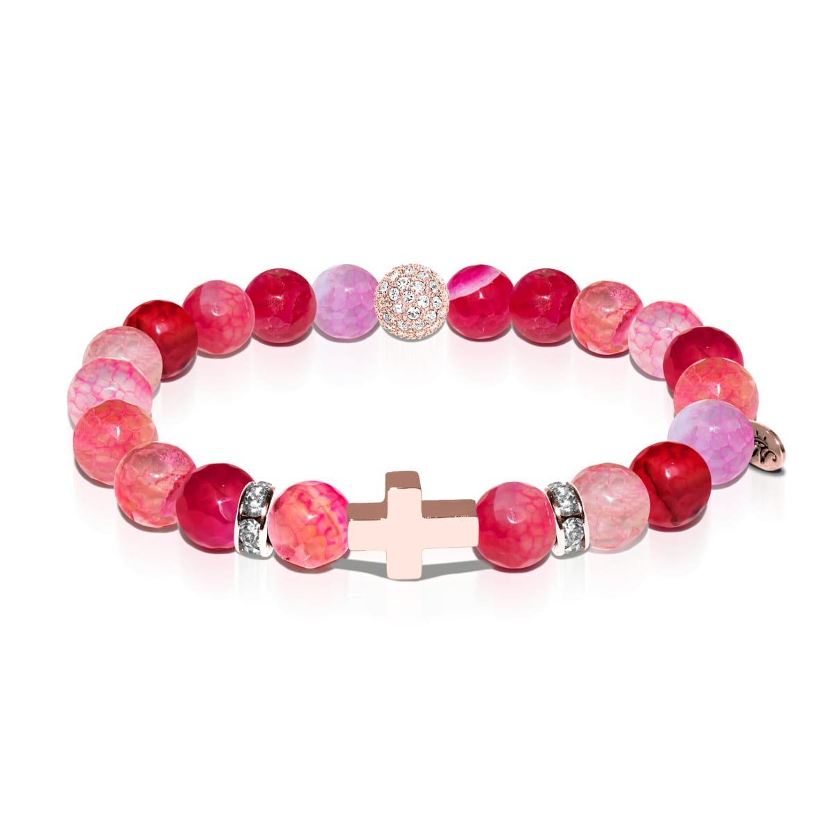 St. Genevieve | Rose Gold Cross | Pink Dragon Grain Agate Bracelet