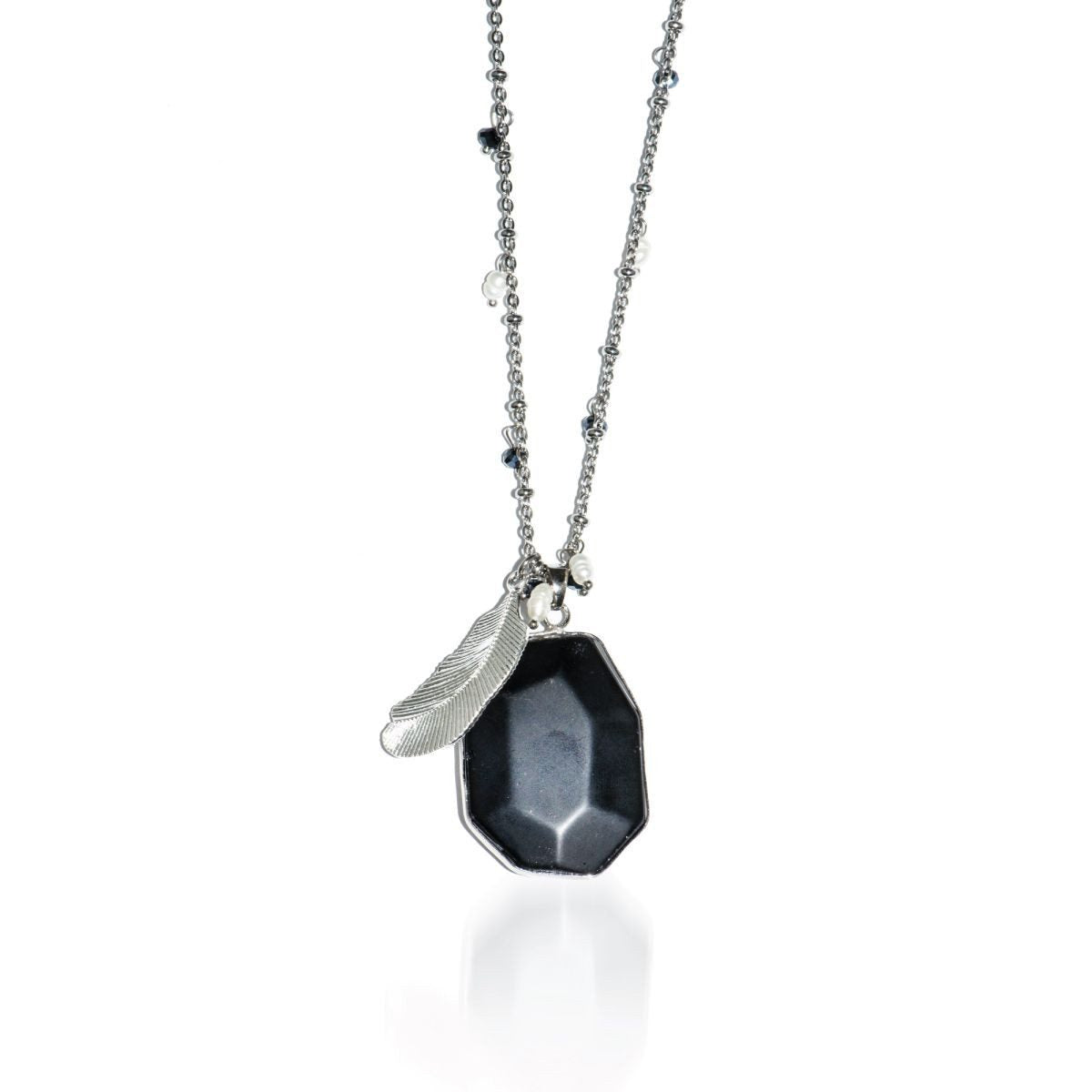 Dark Horse | Matte Black Jade Stone and Gold Feather Charm Pendant Necklace Necklace