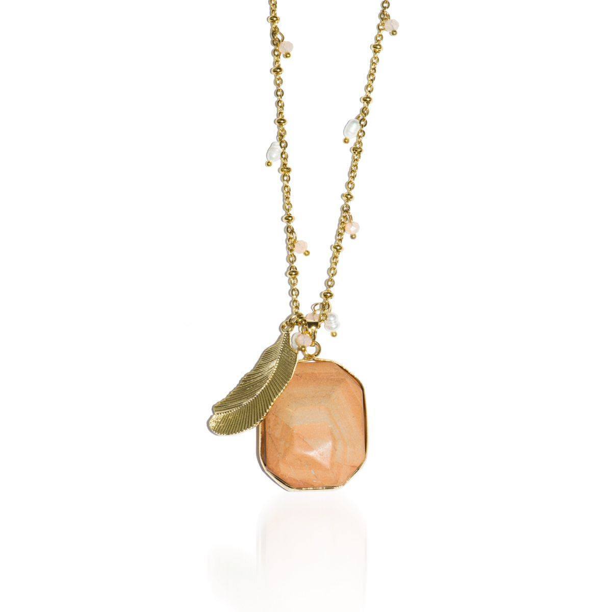 Solar Flare | Picasso Jasper Stone and Gold Feather Charm Pendant Necklace Necklace