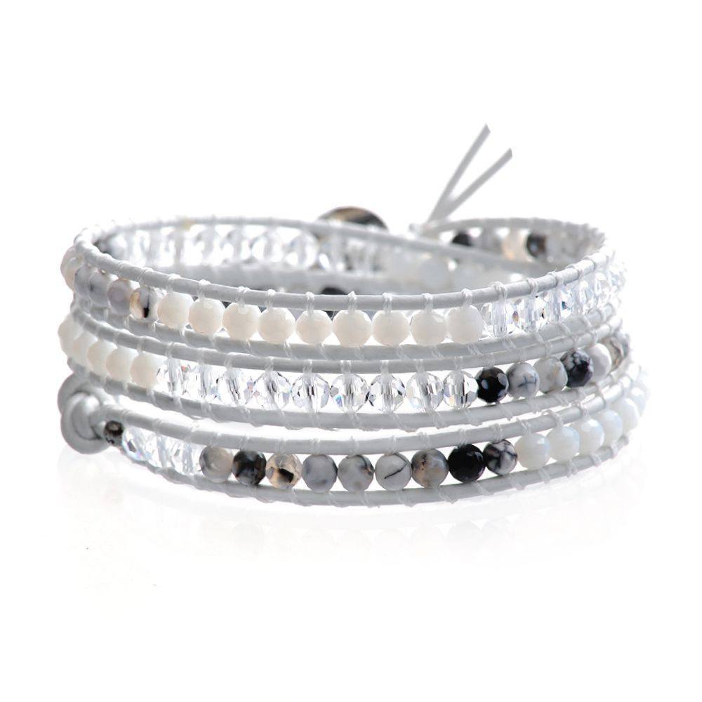 Winter Crystal, Pearlstone & Black White Agate Triple Leather Wrap Bracelet