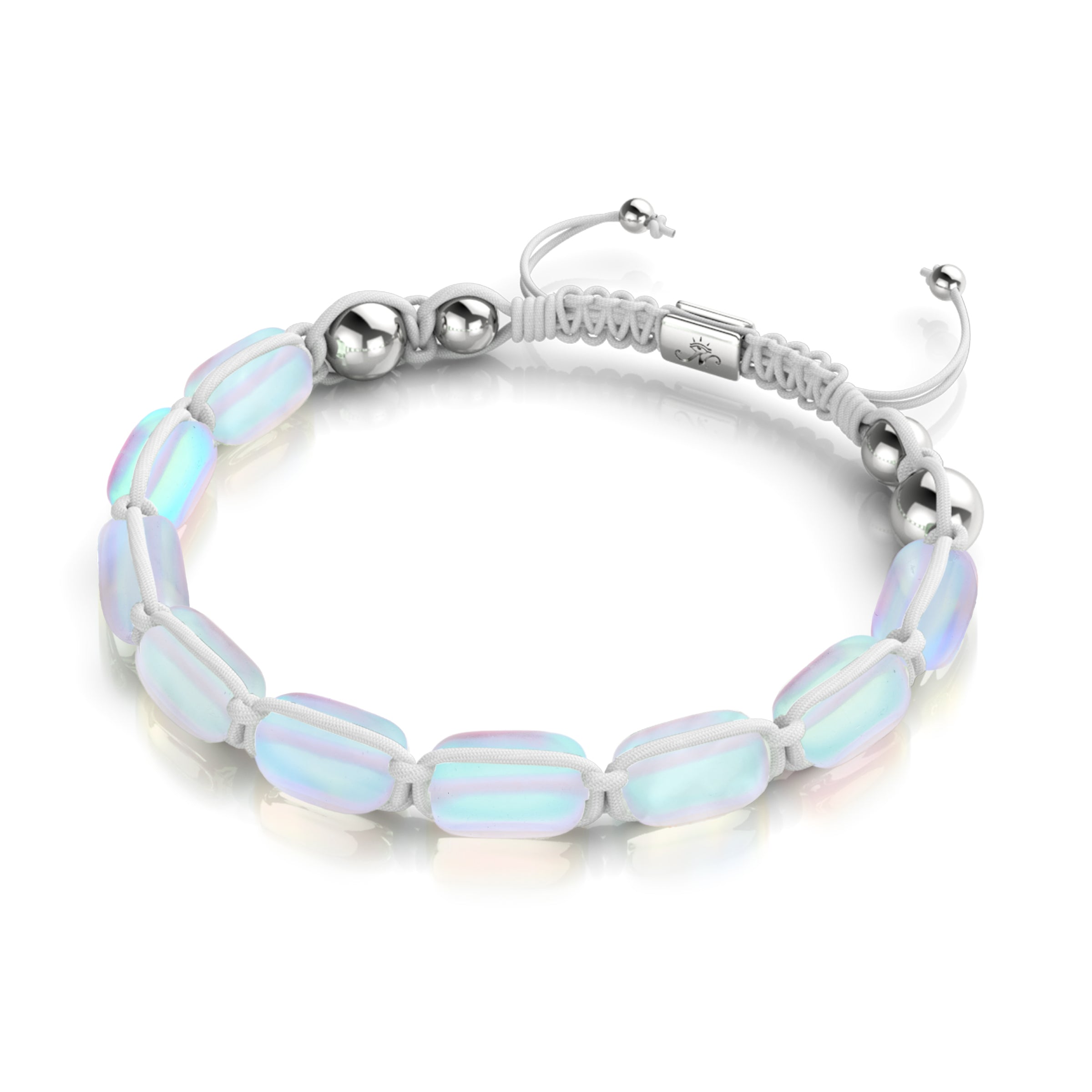 Rainbow White | Silver | Mermaid Glass Pebble Macrame Bracelet