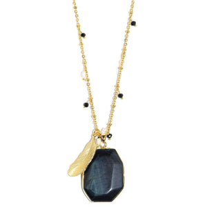 Midnight Sun Black Pietersite Stone and Gold Feather Necklace