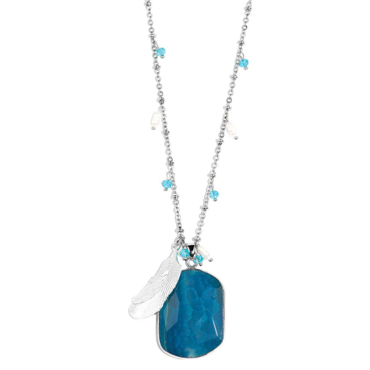 Infinity Pool Blue Agate Stone and Silver Feather Necklace